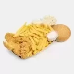 فیله استریپس دو تکه نرمال - 2 تکه فیله مرغ استریپس، سالاد کلم، سیب زمینی سرخ شده، سس سیر...