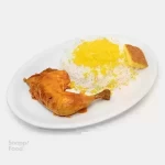  چلو ران مرغ سس پز - 350 گرم مرغ سس پز شده، 450 گرم برنج ایرانی