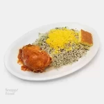 باقالی پلو با سینه مرغ سس پز - 350 گرم مرغ سس پز شده، 450 گرم باقالی پلو با برنج ایرانی