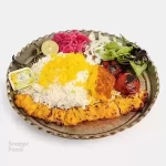 چلو جوجه کباب بدون استخوان (سینه) - یک سیخ جوجه کباب بدون استخوان سینه مرغ زعفرانی 200 گرمی، 300...