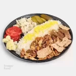 پلو دنر میکس مخصوص (چهارکباب) - 180 گرم دنر کباب میکس مرغ گوشت بره و استیک، 320 گرم برنج ایر...